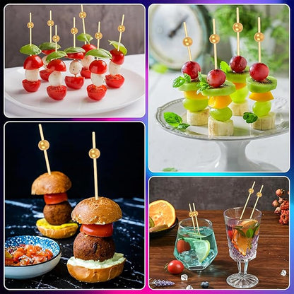 300PCS Cocktail Picks, Fancy Toothpicks for Appetizers, Decorative Bamboo Skewers for Appetizers Drinks Fruit, 4.7 Inch Long Wooden Gold Pearl Food Sticks Charcuterie Boards Accessories Party Supplies