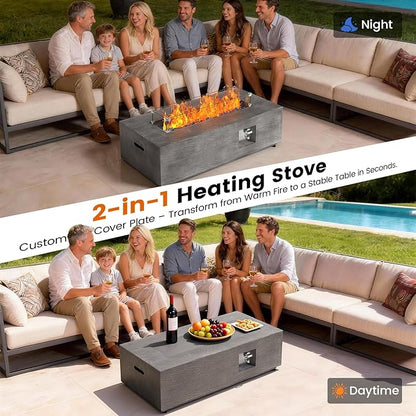 SUNPEAK 42" Rectangular Propane Fire Pit Table 50,000 BTU Fireplace Table with Wind Guard, Lid, Rocks and Cover - Fire Pits & Outdoor Fireplaces - Gas Fire Pits for Outside Patio (Charred Oak, 42")