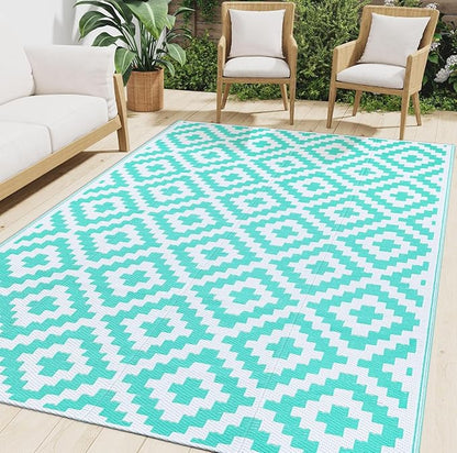 Smiry Outdoor Rug 9x18 ft Waterproof Reversible Boho Mat, White & Teal | Polypropylene Plastic Straw, Quick Drying, Lightweight Foldable, for Patio, Deck, RV Camping, Backyard and Indoor Outdoor Use
