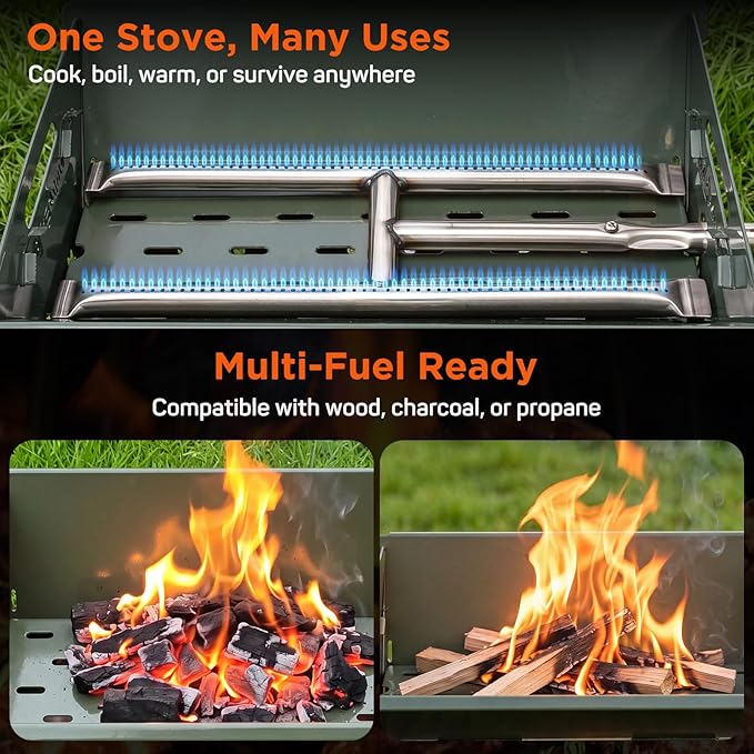 QuliMetal Portable Camping Grill, Foldable 3-in-1 Charcoal Wood Gas Grill with Carry Bag, Heavy-Duty Stainless Steel BBQ Fire Pit for Outdoor Cooking Backpacking Tailgating Patio Backyard