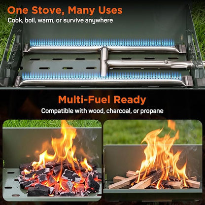 QuliMetal Portable Camping Grill, Foldable 3-in-1 Charcoal Wood Gas Grill with Carry Bag, Heavy-Duty Stainless Steel BBQ Fire Pit for Outdoor Cooking Backpacking Tailgating Patio Backyard
