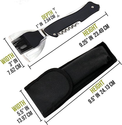 Iconikal 4-in-1 Folding Collapsible Swiss Camping Grilling Tool, Turner, Brush, Fork, Corkscrew