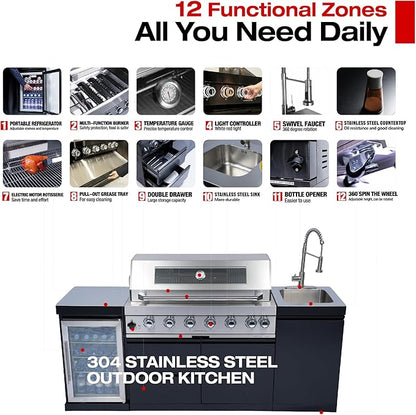 82-Inch 6-Burner Propane Gas Outdoor Kitchen Grill Island - 85000 BTU Stainless Steel BBQ, Refrigerator, Rotisserie, Stainless Countertops, Storage Cabinets/Drawers, For Patio, Lawn, Backyard, Black