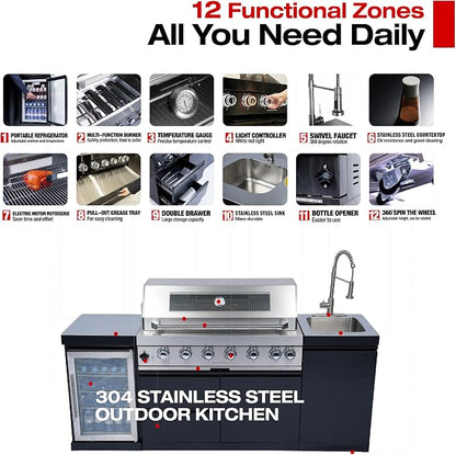 82" 6-Burner 85000 BTU Deluxe Outdoor Kitchen Island,304 Stainless Steel Modular Propane BBQ Grill Combination With Storage Cabinet, Refrigerator and Sink for Backyard (82"-Black&Sivler, Propane Gas)