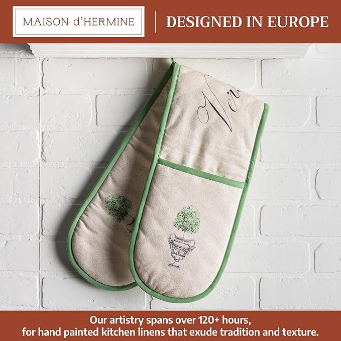 Maison d' Hermine Double Oven Mitts 100% Cotton 7"x35" Double Oven Mitt Heat Resistant BBQ Cooking Gloves with Loop Baking Grilling Kitchen Hotel Home Farmhouse Spring Summer (Jardin Du Roy)