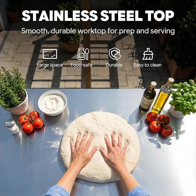 Feasto 36''x 24'' Heavy-Duty Outdoor Pizza Oven Table, 304 Stainless Steel Grill Table with Lockable Wheels for Pizza Ovens & Griddles, 3-Shelf Prep Table for Deck, Patio BBQ & Parties | 304 Stainless Steel Tabletop for Pizza Ovens & Griddles, Heavy-Du...