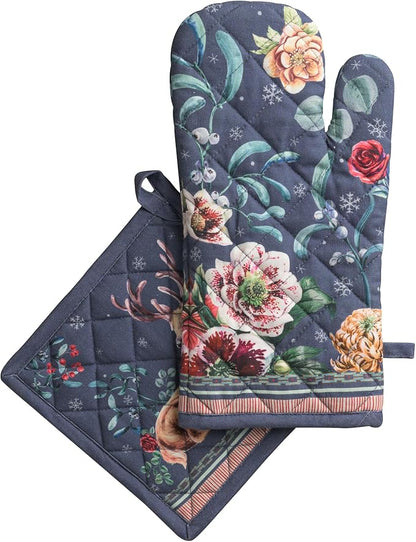 Maison d' Hermine 100% Cotton Oven Mitt & Pot Holder Set (7.5"x13" & 8"x8") | Heat Resistant BBQ Cooking Gloves with Loop Baking Grilling Kitchen Home Farmhouse Thanksgiving Christmas - Christmas Joy