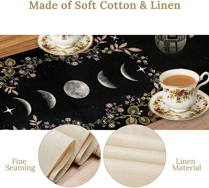 Boho Floral Moon Table Runner, Cotton Linen Non-Slip Dining Table Runners Black Flower Wildflower Moon Decor, Dresser Scarves for Coffee Table Wedding Holiday Party Tabletop Kitchen Decor 13x60Inch