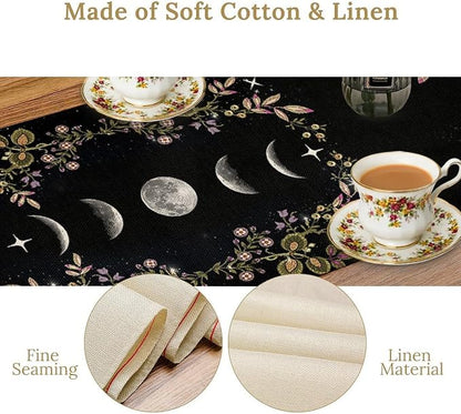 Boho Floral Moon Table Runner, Cotton Linen Non-Slip Dining Table Runners Black Flower Wildflower Moon Decor, Dresser Scarves for Coffee Table Wedding Holiday Party Tabletop Kitchen Decor 13x60Inch