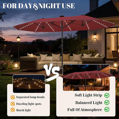 GDPFN 15ft Rectangular Patio Umbrella with Solar LED Lights, Double-Sided Outdoor Market Umbrella Extra Large Shade for Pool, Deck, Backyard, Garden, Burgundy (Base Not Include)