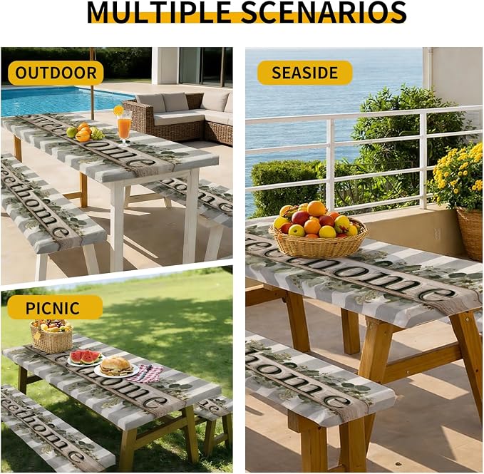 Picnic Table Cover with Bench Covers, 72 X 30 Inch Elastic Fitted Camping Tablecloth with Strap Design for 6FT Rectangle Tables, Windproof Outdoor Tablecloth Set with Storage Bag