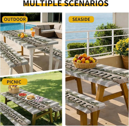 Picnic Table Cover with Bench Covers, 72 X 30 Inch Elastic Fitted Camping Tablecloth with Strap Design for 6FT Rectangle Tables, Windproof Outdoor Tablecloth Set with Storage Bag