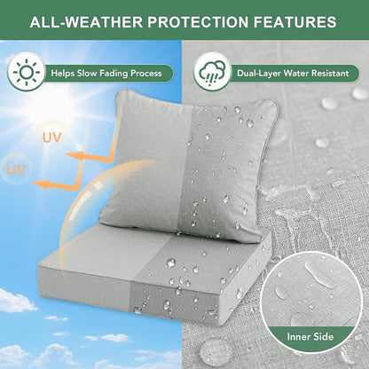 Summsun Patio Cushions for Outdoor Furniture, Faux Linen Water Resistant Backrest and Deep Seat Cushion Set with Non-Slip Bottom, Ties, Removable Cover, 22 x 22 Inch, Light Grey, Set of 2