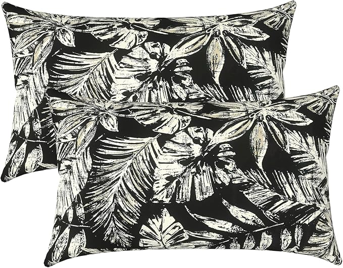 LVTXIII Outdoor/Indoor Lumbar Pillow Covers, Patio Decorative Lumbar Pillow Covers, All Weather Cushion Cases for Sofa, Patio Couch Decoration 12x20, 2 Pack, Tropical Leaf Black