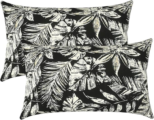 LVTXIII Outdoor/Indoor Lumbar Pillow Covers, Patio Decorative Lumbar Pillow Covers, All Weather Cushion Cases for Sofa, Patio Couch Decoration 12x20, 2 Pack, Tropical Leaf Black