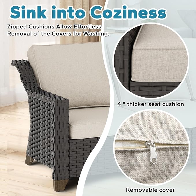 4 Piece Patio Furniture Set, Wicker Outdoor Conversation Set | Patio Chair Set with Olefin Removable Cushion, All-Weather Outdoor Couch with Deep Seat for Porch, Deck and Backyard, Beige