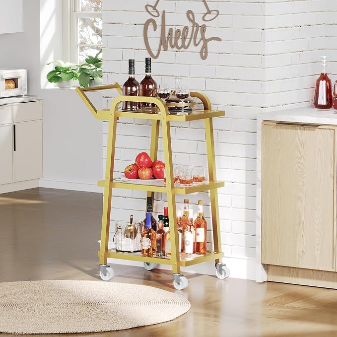 Bar Cart, 3-Tier Serving Cart for Home, Mobile Drink Cart with Wheels, Rolling Kitchen Cart, for Home Bar, Party, Living Room, Gold BC07GD