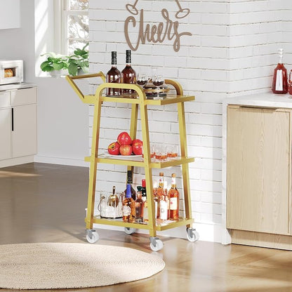 Bar Cart, 3-Tier Serving Cart for Home, Mobile Drink Cart with Wheels, Rolling Kitchen Cart, for Home Bar, Party, Living Room, Gold BC07GD