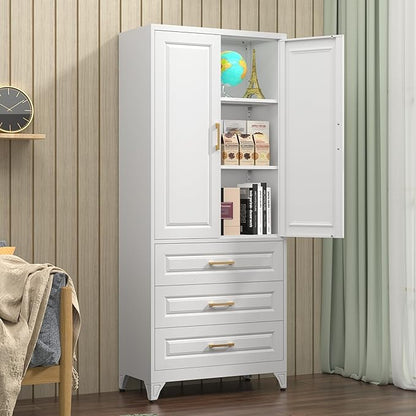 Polup Kitchen Pantry Cabinet, 75" Tall Pantry Cabinet with Three Drawers, Metal Storage Cabinets with Doors and Shelves, Freestanding Food Cupboard for Dining, Living Room, White, Assembly Required