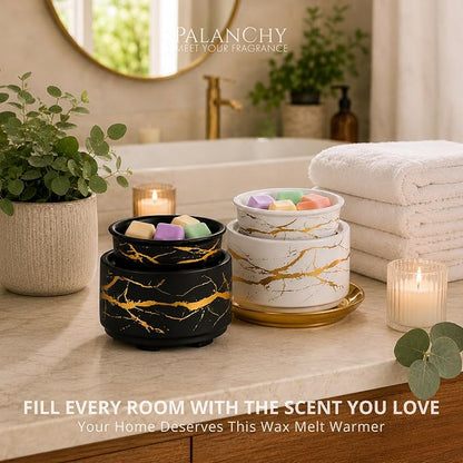 PALANCHY Electric Wax Melt Warmer for Scented Wax, Wax Warmer Set of 2 | Glazed Ceramic Wax Melter Black & White, 3-in-1 Candle Wax Melts Warmer Oil Burner for Aromatherapy. 4 x 4 x 3.5 ins, 17W