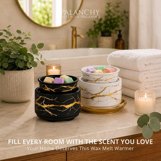 PALANCHY Electric Wax Melt Warmer for Scented Wax, Wax Warmer Set of 2 | Glazed Ceramic Wax Melter Black & White, 3-in-1 Candle Wax Melts Warmer Oil Burner for Aromatherapy. 4 x 4 x 3.5 ins, 17W