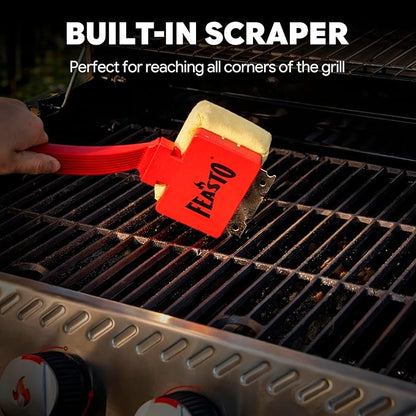 Feasto Bristle Free Grill Brush with Scraper for Outdoor Grills, Reinforced Steam BBQ Cleaning Brush with Replaceable Cleaning Head, Safe Grill Cleaner for Cast Iron & Stainless Steel Grates, Red