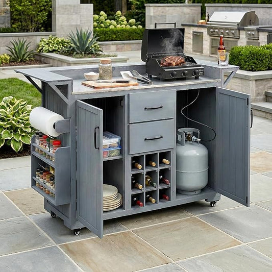60.2-inch Mobile Outdoor Kitchen Island, Wooden BBQ Table with Stainless Steel countertop, Mobile BBQ Trolley with Storage Cabinet, 2 Storage compartments, Wine Rack and Spice Rack