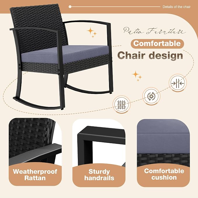 Greesum 3 Pieces Outdoor Furniture Set Patio Bistro Rocking Chairs with Glass Coffee Table for Pool Beach Backyard Balcony Porch Deck Garden, Gray