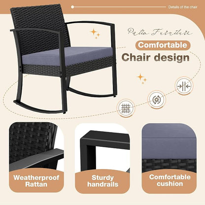 Greesum 3 Pieces Outdoor Furniture Set Patio Bistro Rocking Chairs with Glass Coffee Table for Pool Beach Backyard Balcony Porch Deck Garden, Gray