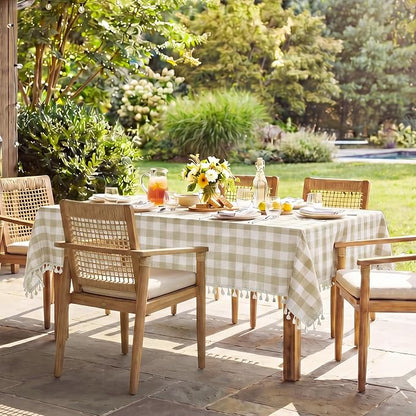 Softalker Checkered Tablecloth Rectangle, Outdoor Linen Cotton Gingham Table Cloth with Tassel, Heavy Duty Wrinkle Free Buffalo Plaid Table Cover for Kitchen Dining Summer Party - 55 x 84 Inch, Beige