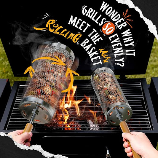 Rolling Grill Basket 2-Pack,304 Stainless Steel Grill Basket with Removable Wooden Handle,BBQ Tool & Smoker Accessory for Grill Rotisseries Veg & Shrimp,Ideal for Outdoor Cooking,Camping & Gifts for Dad/Husband/Men