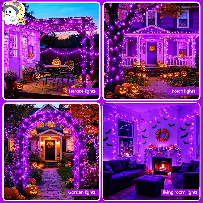 Purple Halloween Lights Outdoor Solar String Lights Waterproof for Halloween Decorations, Total 100LED 45FT for Garden Yard Pathway Fence, 8 Modes 50LED x 2 Packs