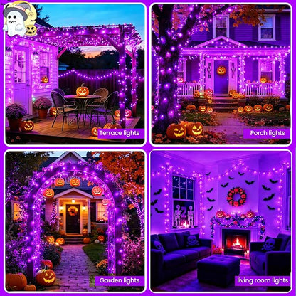 Purple Halloween Lights Outdoor Solar String Lights Waterproof for Halloween Decorations, Total 100LED 45FT for Garden Yard Pathway Fence, 8 Modes 50LED x 2 Packs