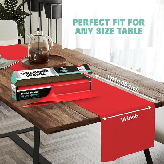 Red Table Runner – 14" X 110' Premium Plastic Longtable Runners with Cutter Box - Cut to Size - Decorative Rectangle Table Runners - Smooth Table Cloth - Disposable Table Cloths for Parties, Weddings.