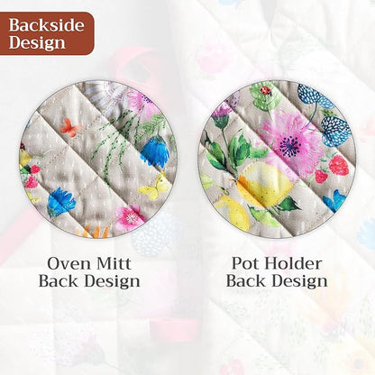 Maison d' Hermine 100% Cotton Oven Mitt & Pot Holder Set (7.5"x13" & 8"x8") Heat Resistant BBQ Cooking Gloves with Loop Baking Grilling Kitchen Hotel Home Farmhouse Spring Summer (Jardin D'Ete - Fog)