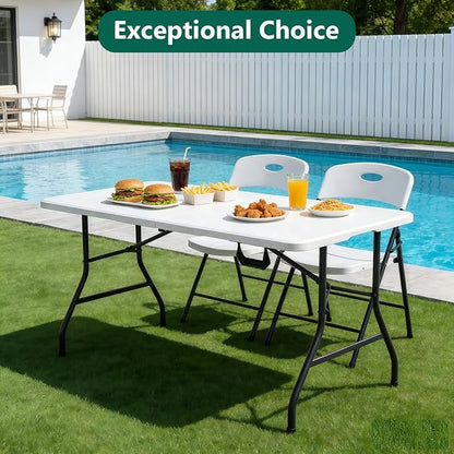 2 Pack 5ft Folding Table, Foldable Picnic Table with Carrying Handle, Heavy Duty Fold-in-Half Portable Table for Weddings, Camping, RV Travel, Parties, and Indoor Use, Easy to Fold and Store, White