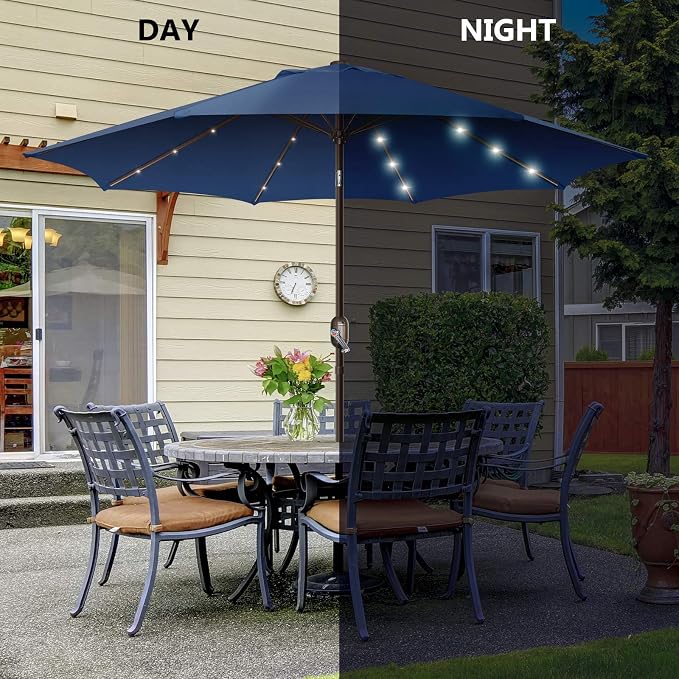 9ft Patio Umbrella with Solar Lights, Outdoor Umbrella with 24 LED Solar Umbrella Lights, Push Button Tilt & Crank Ideal for Garden, Deck, Backyard & Pool, Navy Blue