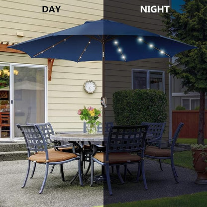 9ft Patio Umbrella with Solar Lights, Outdoor Umbrella with 24 LED Solar Umbrella Lights, Push Button Tilt & Crank Ideal for Garden, Deck, Backyard & Pool, Navy Blue