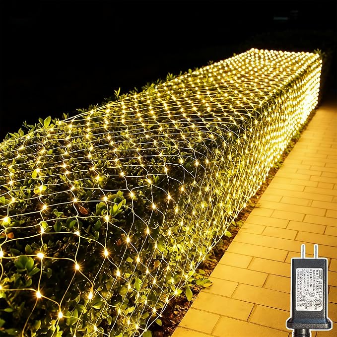 LitHome 34.5FT x 5FT Christmas Net Lights Outdoor Mesh Lights Connectable | 8 Modes 610 LED Waterproof Warm White Christmas Mesh Light for Bushes, Garden, Backyard, Xmas, Holiday Decor, Clear Wire