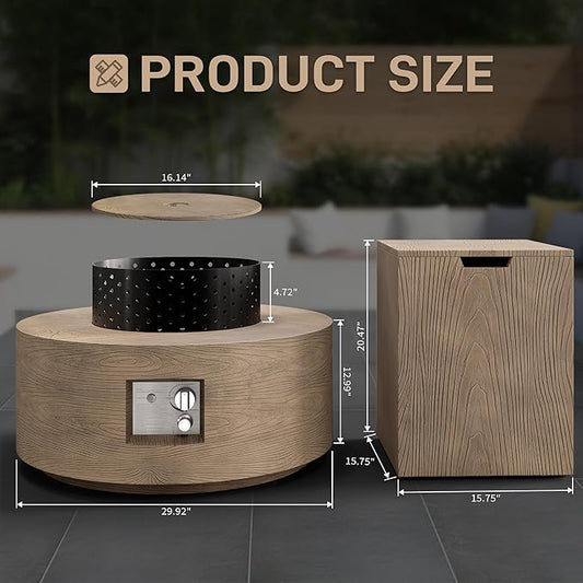 2-Piece Outdoor Propane Fire Pit Table Set w Tank Table 30'' Round Fire Pit Table w Wood Grain Firepit Table for Outside Patio Gas Fire Pit w 304 Stainless Steel Burner 50,000 BTU, Brown w Warm LED