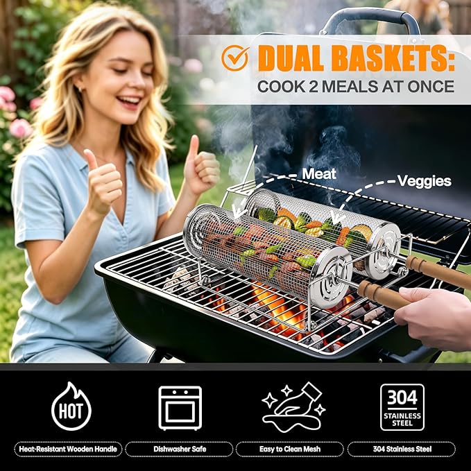 Rolling Grill Basket,Removable Wooden Handle with Condiment Bottle and Stand, 304 Stainless Steel,Nesting BBQ Tools, Smoker Grilling Accessories for Vegetable Shrimp, Birthday Gifts for Men Dad Husban