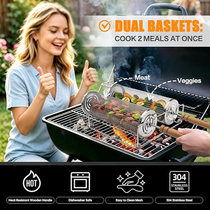 Rolling Grill Basket,Removable Wooden Handle with Condiment Bottle and Stand, 304 Stainless Steel,Nesting BBQ Tools, Smoker Grilling Accessories for Vegetable Shrimp, Birthday Gifts for Men Dad Husban