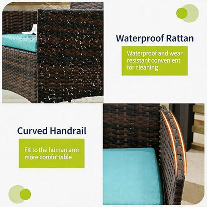 3-Piece Outdoor Furniture Set, PE Rattan Wicker Chairs with Soft Cushions & Tempered Glass Coffee Table - All-Weather Patio Set for Garden, Backyard, Porch, Poolside (Brown/Dark Blue)