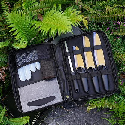 Outdoor Santoku Knife Set – 3 Titanium-Coated Knives with Grip Ring Handles, Sharpener, Cutting Board, Seasoning Bottles & Travel Case – Portable BBQ, RV & Beach Cooking Kit