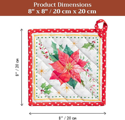 Maison d' Hermine Pot Holders 100% Cotton Potholders (8" x 8", Pack of 1) | Heat Resistant Hot Pads with Loop BBQ Cooking Baking Kitchen Handling Hot Pans Thanksgiving Christmas - Poinsettia Christmas