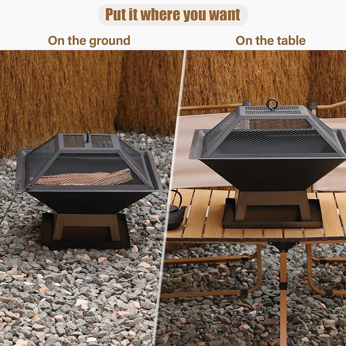 19.8inch Portable Small Fire Pit with a Removable Ash Pan, Fire Poker, Mesh Lid, 2 in 1 Square Outdoor Fireplace for BBQ, Outside Heating, Bonfire Party, Camping, Backyard, Patio, RV Trip