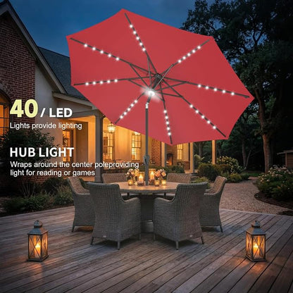 Solar Patio Umbrella with Centre Light, 10 ft Red | 40 LED Lights, UV Protection, Solar Outdoor Umbrella for Porch, Deck, Pool, Table, Garden, Provides Evening Lighting