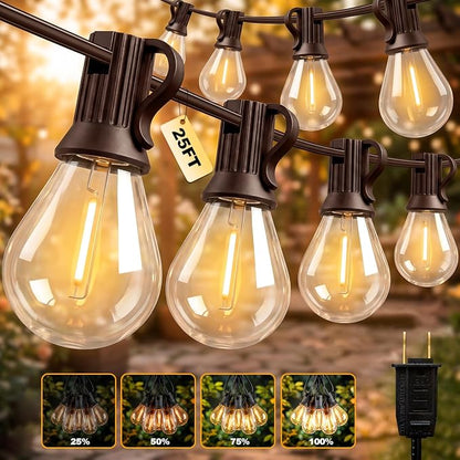 25FT Plug in Connectable Outdoor String Lights, Commercial Waterproof Shatterproof Edison Patio Lights, Dimmable Warm White Hanging Lighting for Backyard Porch Deck Balcony Garden Wedding Party Decor
