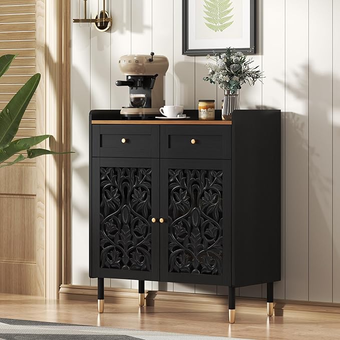 3More Sideboard Buffet Cabinet with Retro Carving Pattern,Kitchen Pantry Storage Cabinet with 1Drawer&2 Doors，Coffee Bar for Living Room,Kitchen,Dining Room,Black