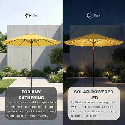 10FT Solar Lighted Patio Umbrella, Outdoor Table Market Umbrellas with Push Button Tilt and Crank, 32 LED Lights, 8 Sturdy Ribs, UV-Resistant for Deck, Garden, Pool